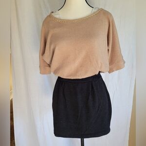 XOXO tan & black color block peek-a-boo tank batwing rivet neckline mini dress S